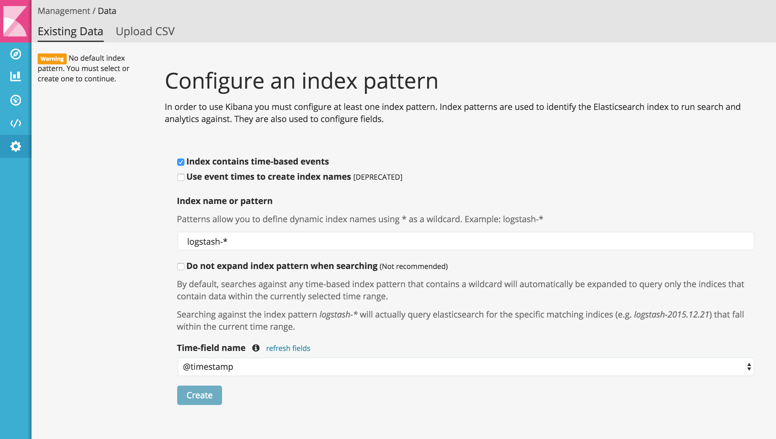 Kibana: Index pattern configuration screen (here, logstash-* index is available)